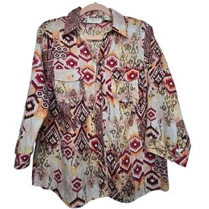 Lemon Grass red, orange, and khaki geometric design 3/4 sleeve blouse